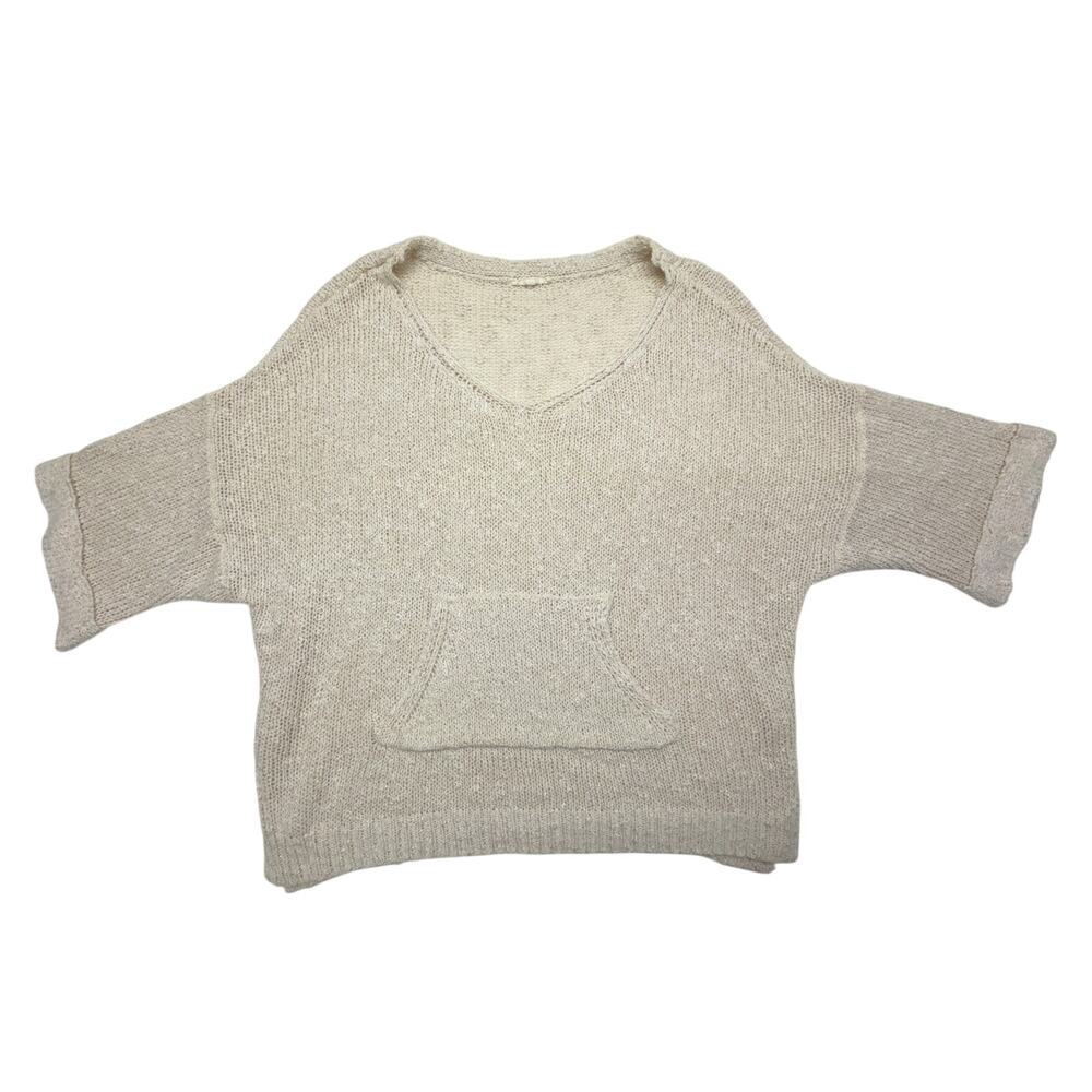 Easel Womens S/M Cream Open Knit V Neck Oversized Boho Kangaroo Pocket Sweater
